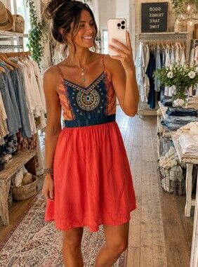 Anthropologie Flying Tomato Boho Embroidered Spaghetti Strap Dress Size Large |